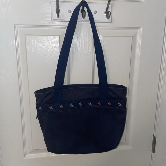 Bags & Sew On Canvas Tote Bag Purse Beach Pool Bag Navy Blue Red White Sailboats - Picture 15 of 16